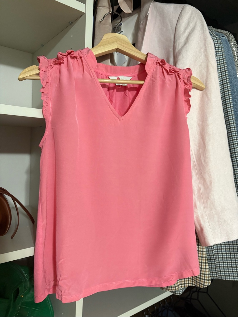 Boden Pink Sleeveless V-Neck Ruffle-Trim Tank